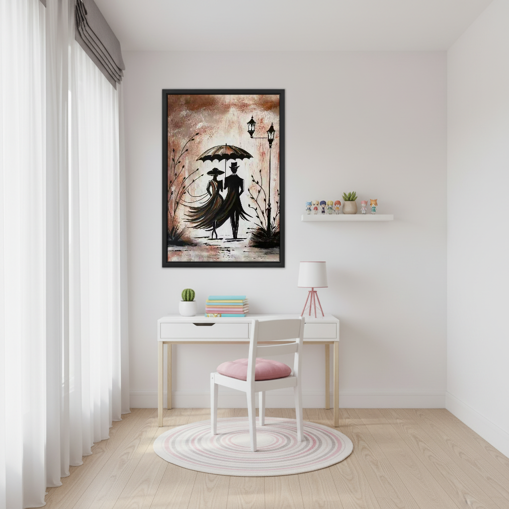 Romantic Umbrella Couple Canvas Wall Art framed above a white study desk with pink chair.