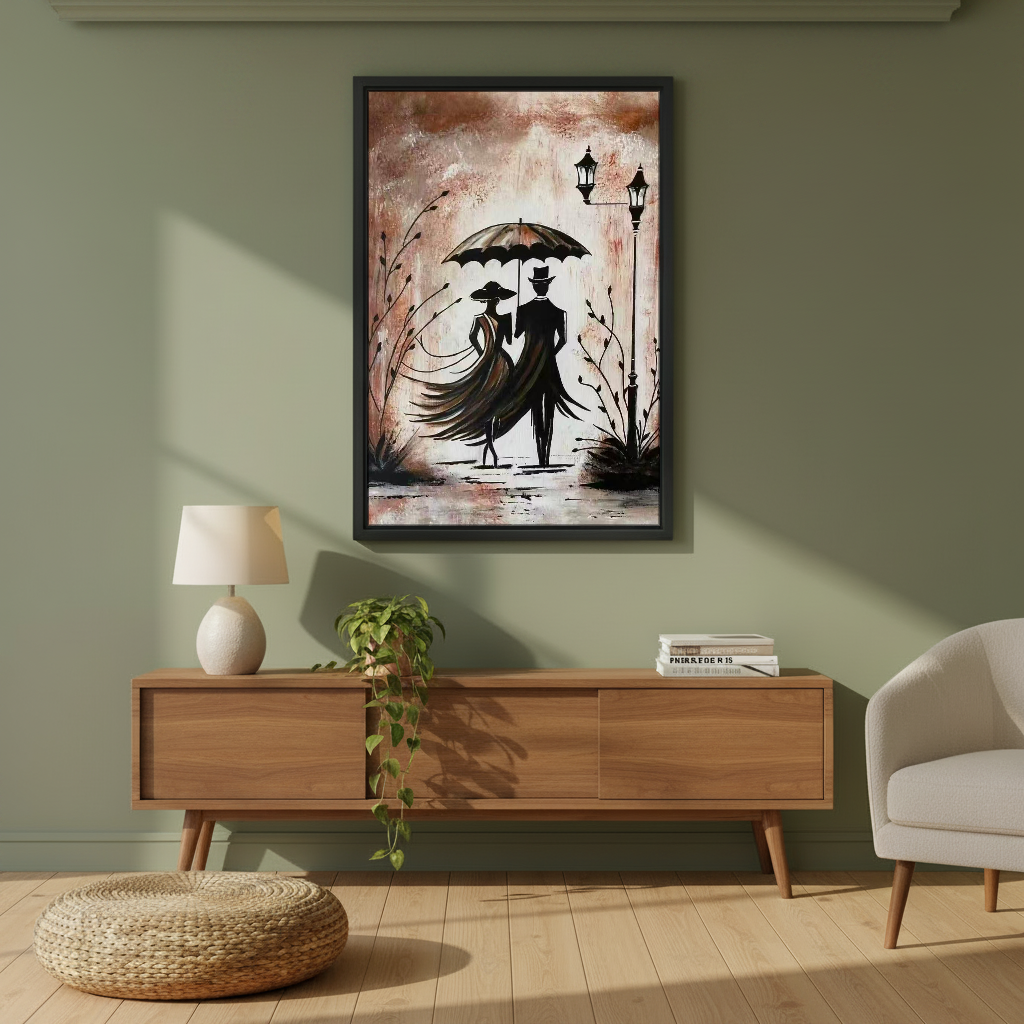Romantic Umbrella Couple Canvas Wall Art framed above a wood console against an olive wall.