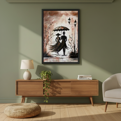 Romantic Umbrella Couple Canvas Wall Art framed above a wood console against an olive wall.