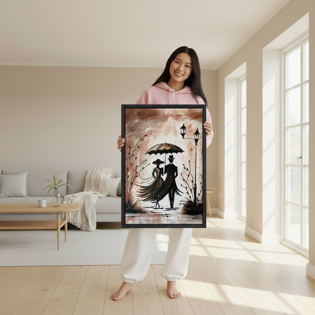 Romantic Umbrella Couple Canvas Wall Art held in a black frame by a woman wearing pink.