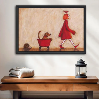 Red Coat Dog Canvas Wall Art framed above a wood console with linen and lantern.