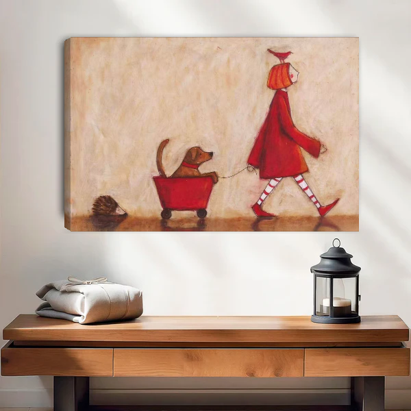 Red Coat Dog Canvas Wall Art unframed above a wood console with linen and lantern.