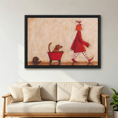 Red Coat Dog Canvas Wall Art framed above a cream sofa with wooden arms.