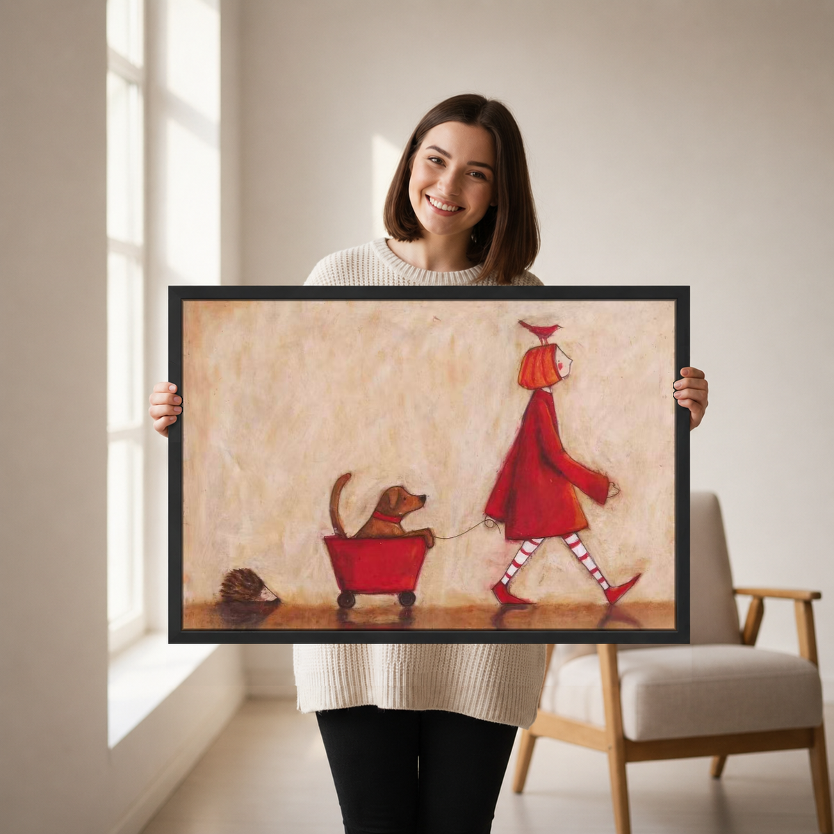 Red Coat Dog Canvas Wall Art held in a black landscape frame by a standing woman.