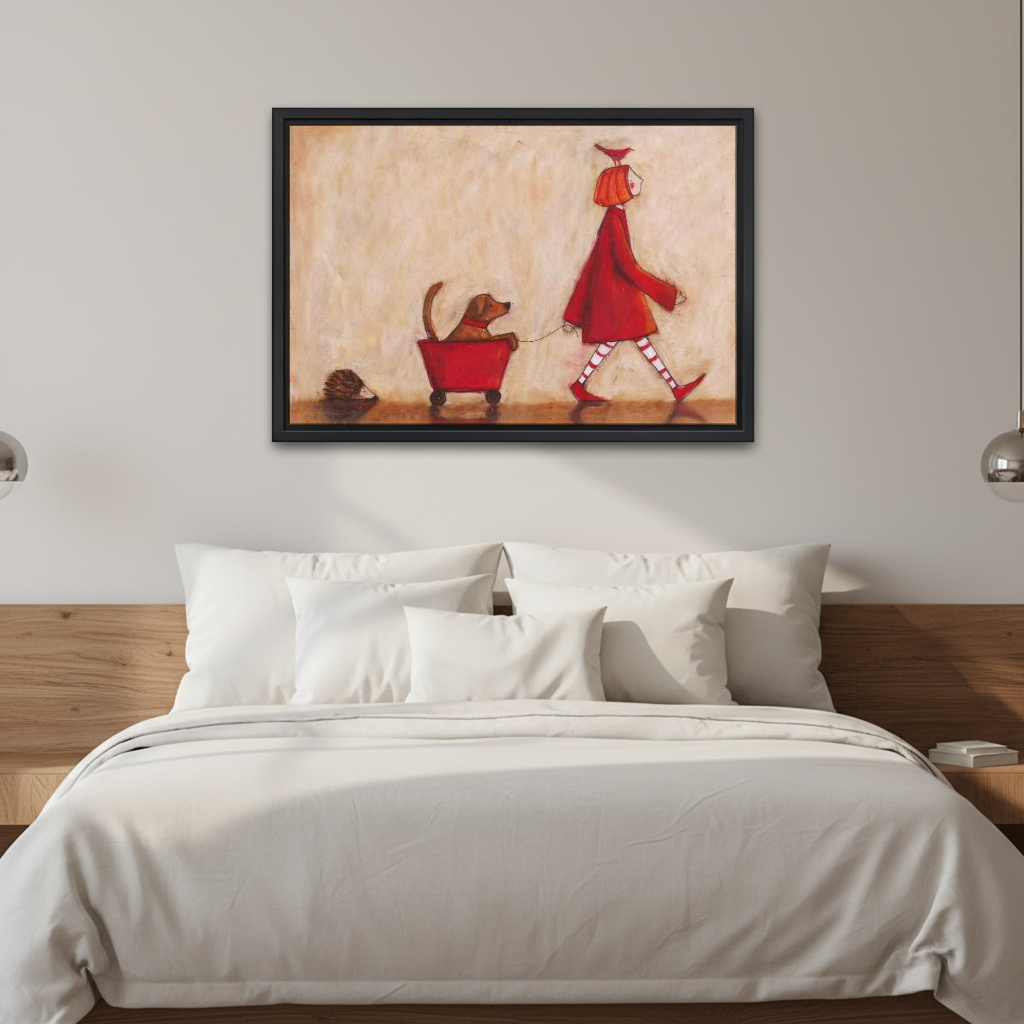 Red Coat Dog Canvas Wall Art framed above white bedding and a warm wood headboard.