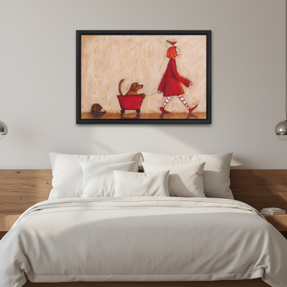 Red Coat Dog Canvas Wall Art framed above white bedding and a warm wood headboard.