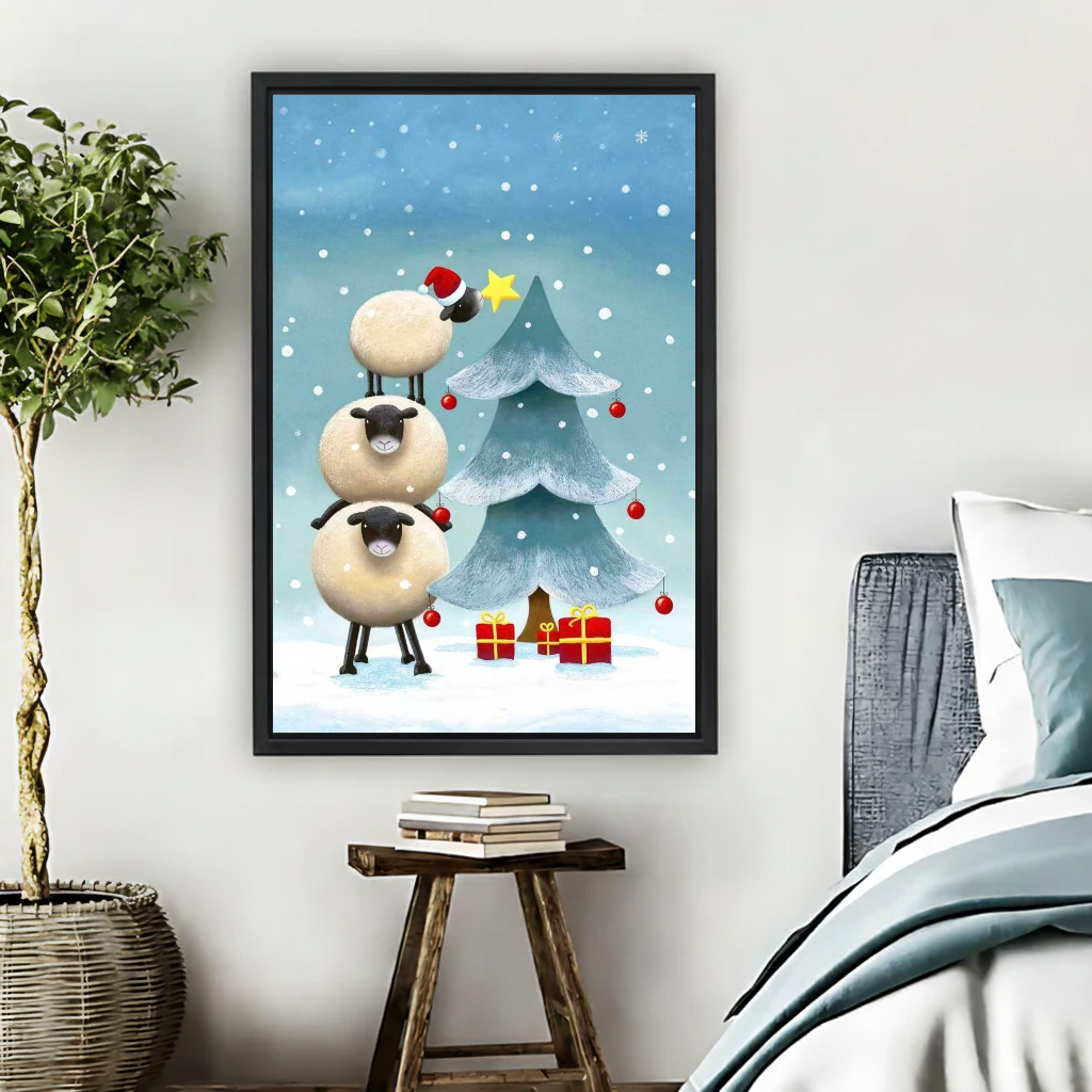 Christmas Sheep Tree Canvas Wall Art framed beside blue bedding, a leafy plant, and books.