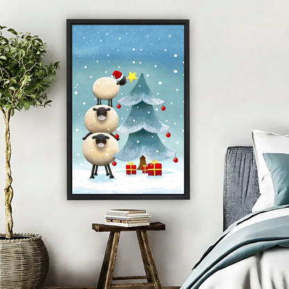 Christmas Sheep Tree Canvas Wall Art framed beside blue bedding, a leafy plant, and books.