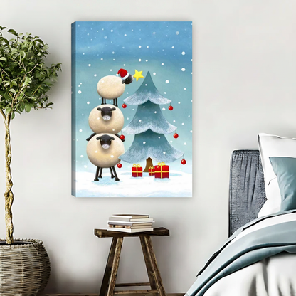 Christmas Sheep Tree Canvas Wall Art unframed beside blue bedding and a leafy plant.