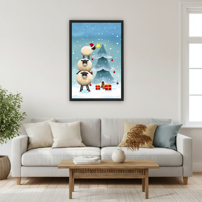 Christmas Sheep Tree Canvas Wall Art framed above a pale gray sofa and wood table.