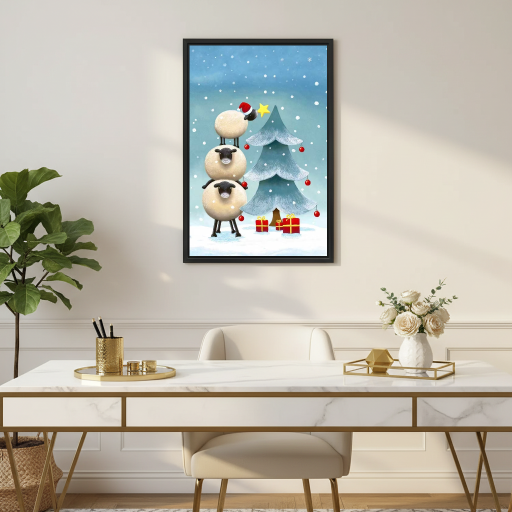 Christmas Sheep Tree Canvas Wall Art framed above a white desk with flowers and chair.