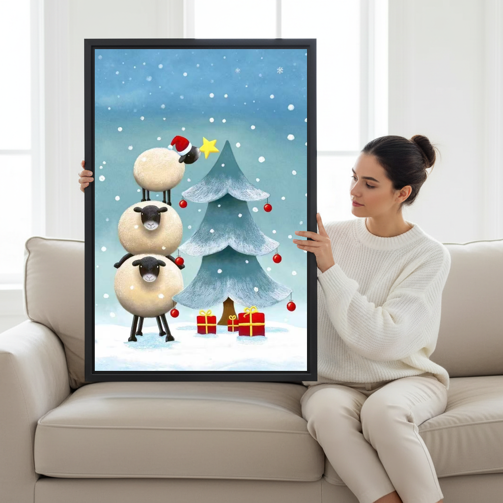 Christmas Sheep Tree Canvas Wall Art held by a seated woman on a pale sofa.