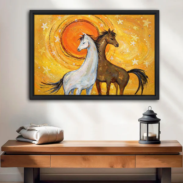 Sunshine Horses Canvas Wall Art framed above a wood console with linen and lantern.
