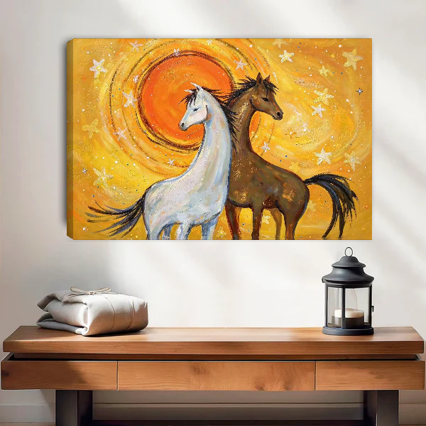 Sunshine Horses Canvas Wall Art unframed above a wood console with linen and lantern.