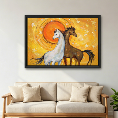 Sunshine Horses Canvas Wall Art framed above a cream sofa with wooden arms.