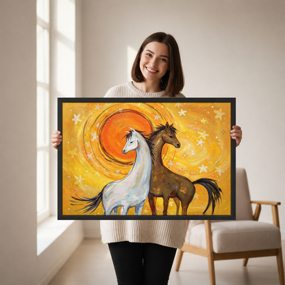 Sunshine Horses Canvas Wall Art held in a black landscape frame by a standing woman.
