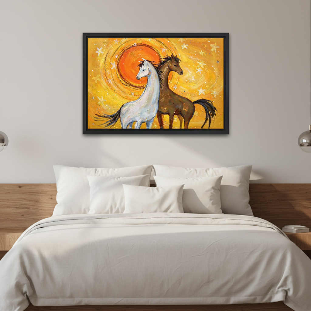 Sunshine Horses Canvas Wall Art framed above white bedding and a warm wood headboard.