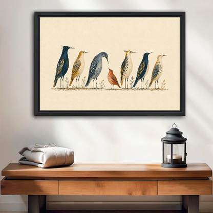 Bird Gathering Canvas Wall Art framed above a wood console with linen and lantern.