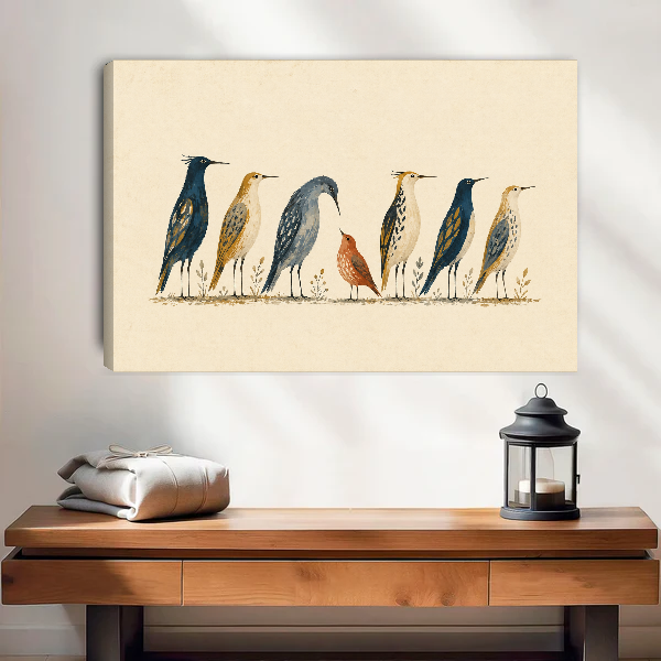 Bird Gathering Canvas Wall Art unframed above a wood console with linen and lantern.