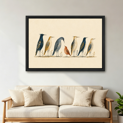 Bird Gathering Canvas Wall Art framed above a cream sofa with wooden arms.