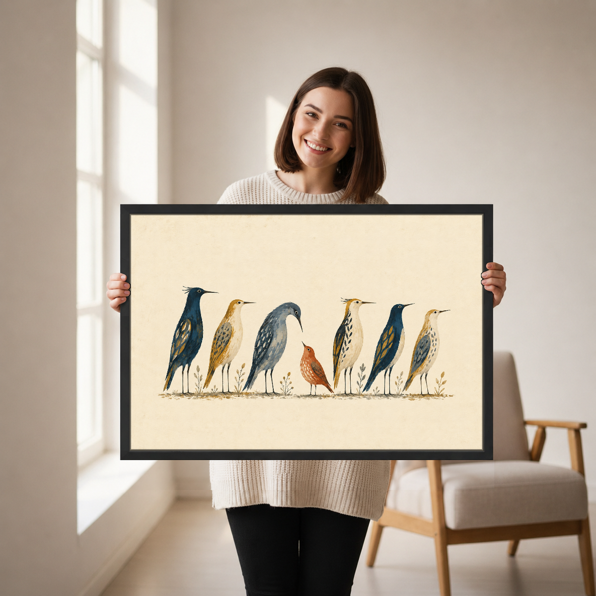 Bird Gathering Canvas Wall Art held in a black landscape frame by a standing woman.