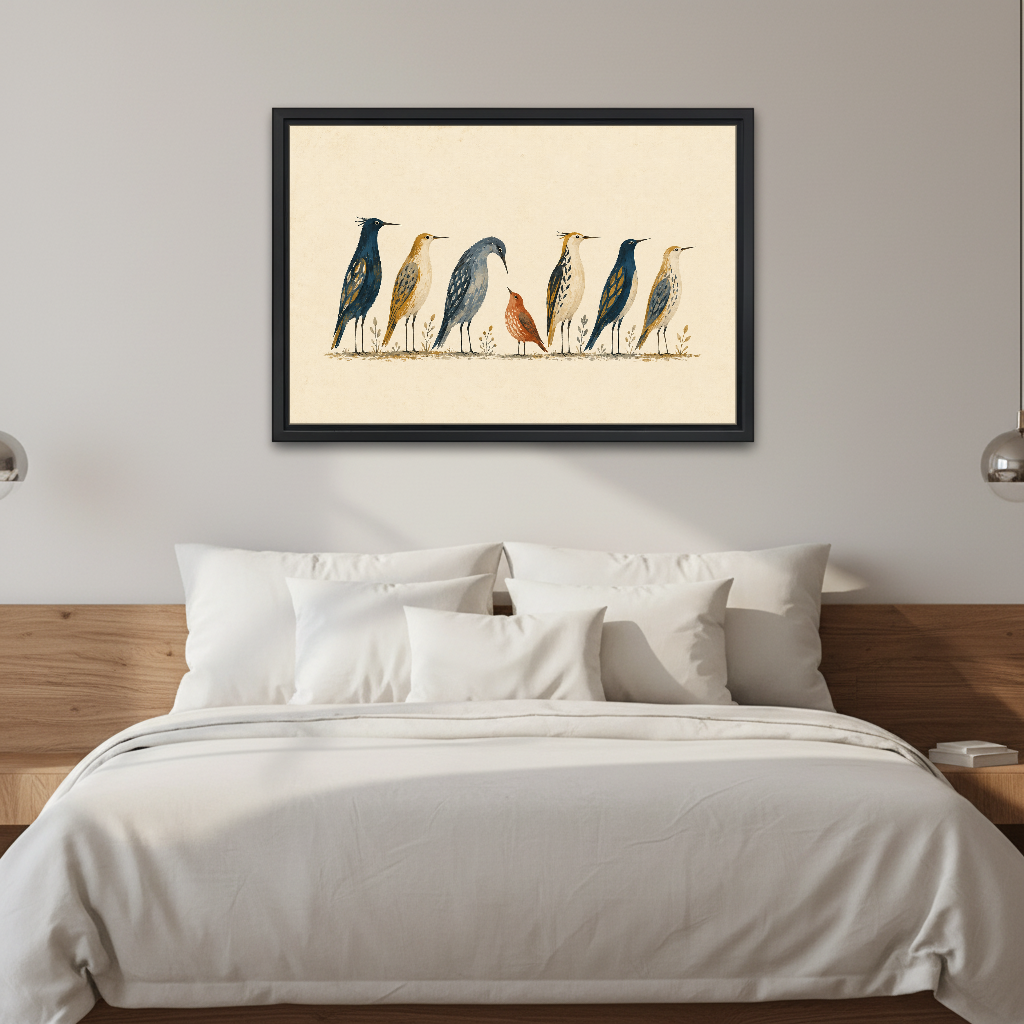 Bird Gathering Canvas Wall Art framed above white bedding and a warm wood headboard.