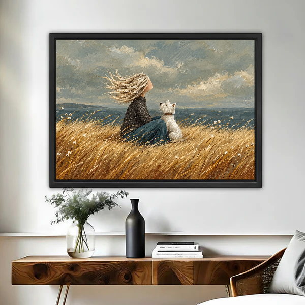 Coastal Woman Dog Canvas Wall Art framed above a wood console with vases and flowers.