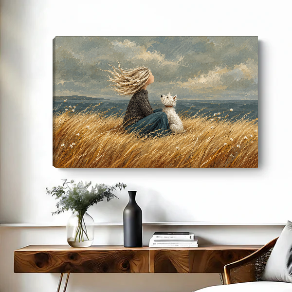 Coastal Woman Dog Canvas Wall Art unframed above a wood console with black and white vases.