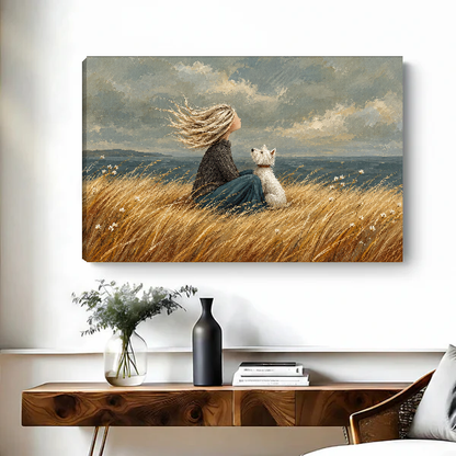 Coastal Woman Dog Canvas Wall Art unframed above a wood console with black and white vases.