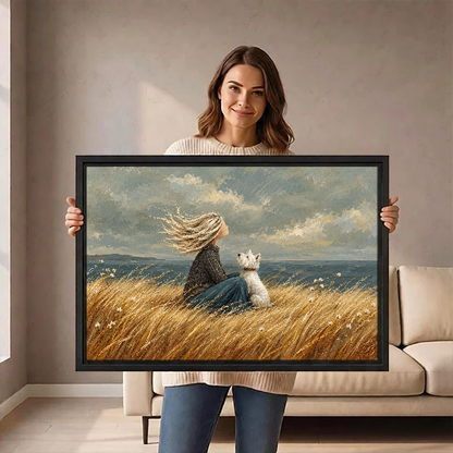 Coastal Woman Dog Canvas Wall Art held in a black landscape frame by a standing woman.