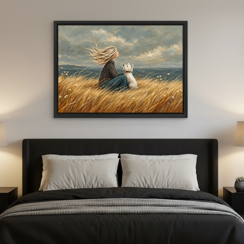 Coastal Woman Dog Canvas Wall Art framed above charcoal bedding with pale pillows.
