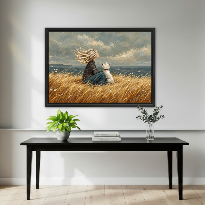 Coastal Woman Dog Canvas Wall Art framed above a black console with green plants.