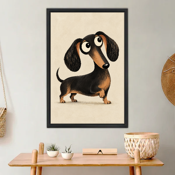 Wide Eyed Dachshund Canvas Wall Art framed above a light wood console with cacti.