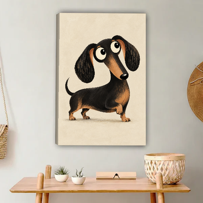 Wide Eyed Dachshund Canvas Wall Art unframed above a light wood console and woven basket.