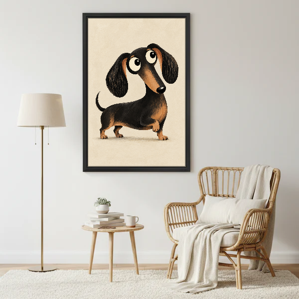 Wide Eyed Dachshund Canvas Wall Art framed beside a wicker armchair and floor lamp.