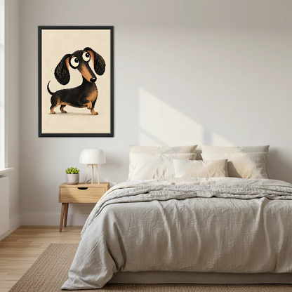 Wide Eyed Dachshund Canvas Wall Art framed above a cream bed with wooden nightstands.