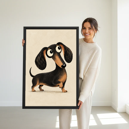 Wide Eyed Dachshund Canvas Wall Art held in a black frame by a standing woman in white.