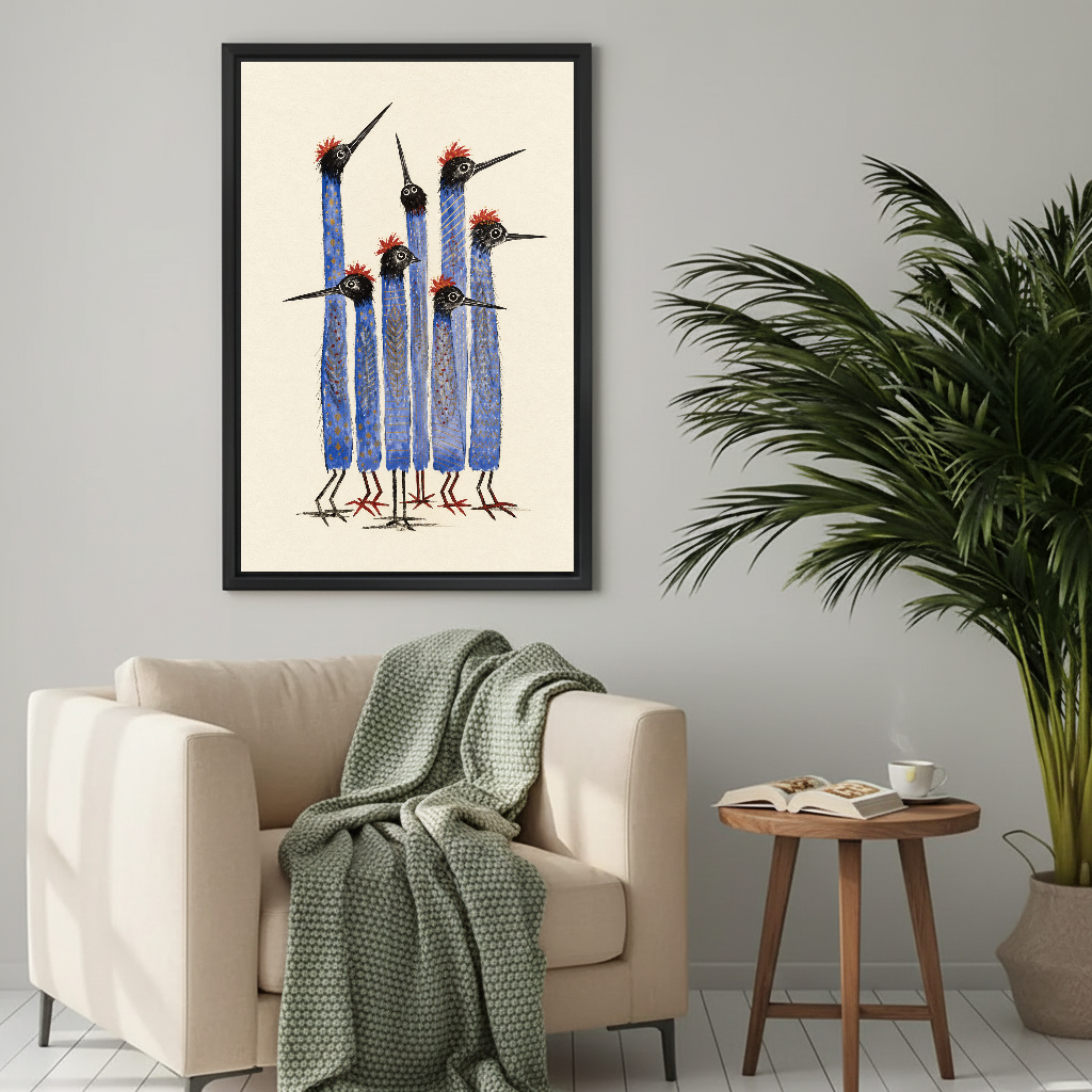 Tall Blue Birds Canvas Wall Art framed above a cream armchair with green throw.