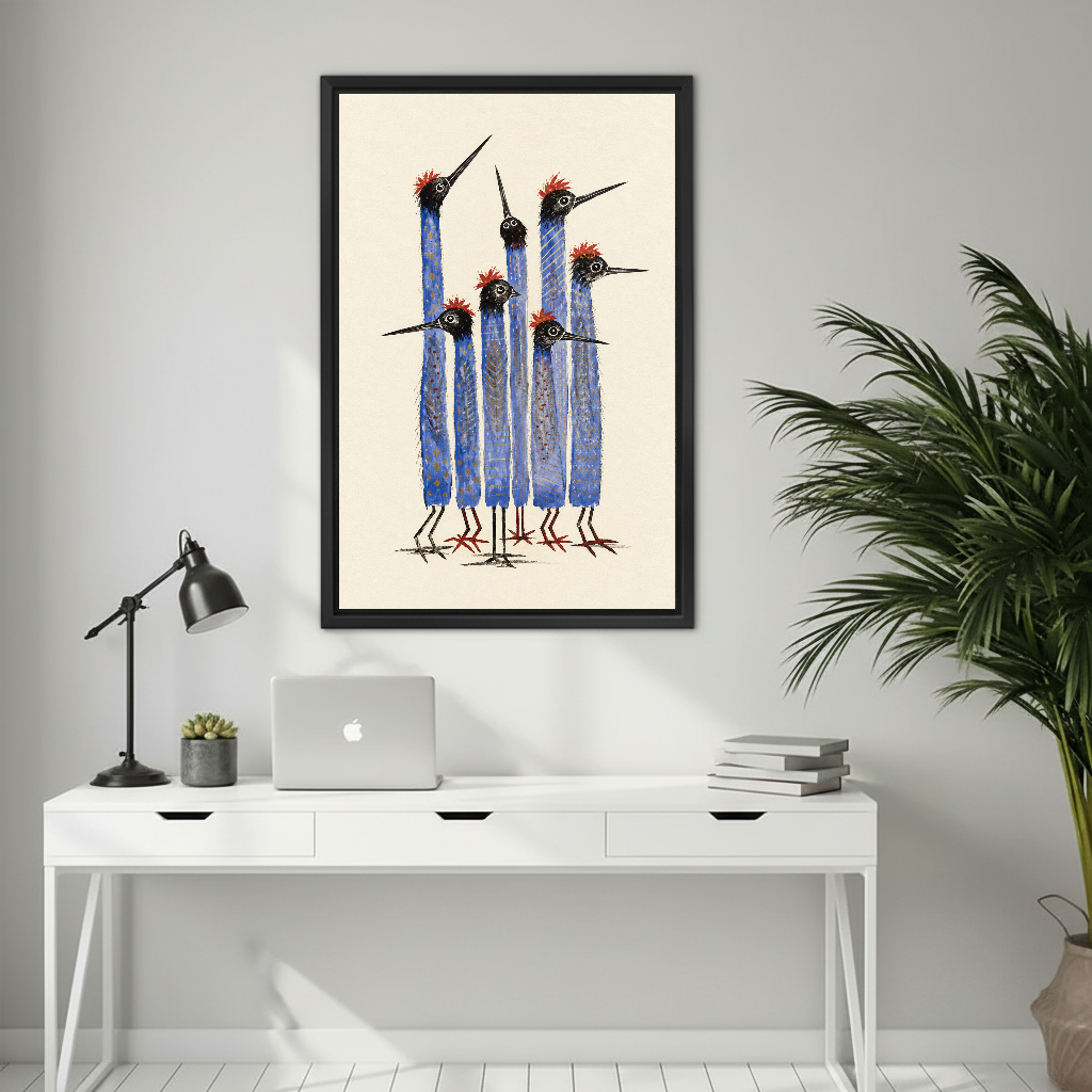 Tall Blue Birds Canvas Wall Art framed above a white desk with laptop and task lamp.