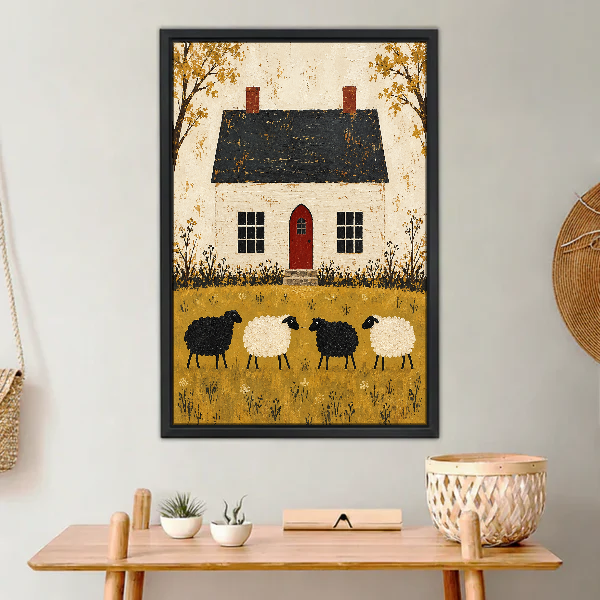 Cottage Sheep Canvas Wall Art framed above a light wood console with cacti.
