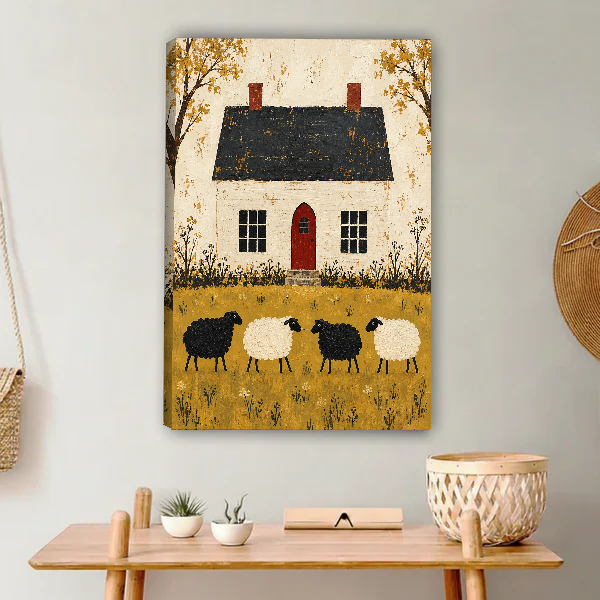 Cottage Sheep Canvas Wall Art unframed above a light wood console and woven basket.