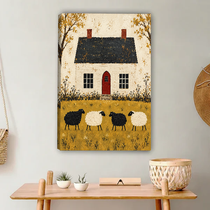 Cottage Sheep Canvas Wall Art unframed above a light wood console and woven basket.