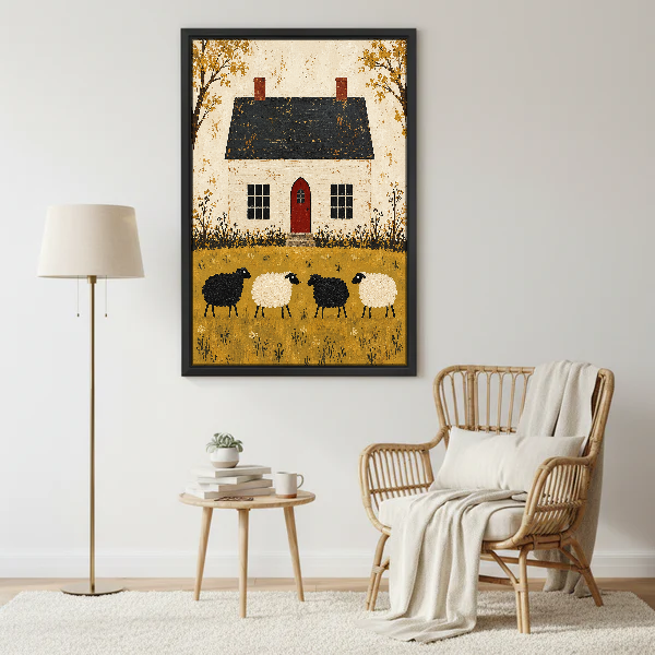 Cottage Sheep Canvas Wall Art framed beside a wicker armchair and floor lamp.