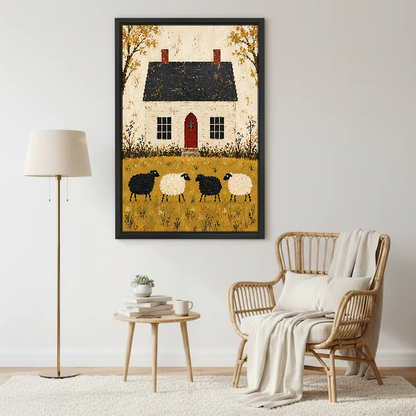 Cottage Sheep Canvas Wall Art framed beside a wicker armchair and floor lamp.