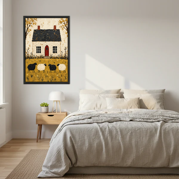 Cottage Sheep Canvas Wall Art framed above a cream bed with wooden nightstands.