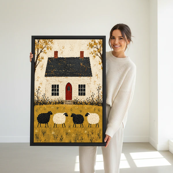 Cottage Sheep Canvas Wall Art held in a black frame by a standing woman in white.