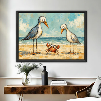 Seabirds And Crab Canvas Wall Art framed above a wood console with vases and flowers.