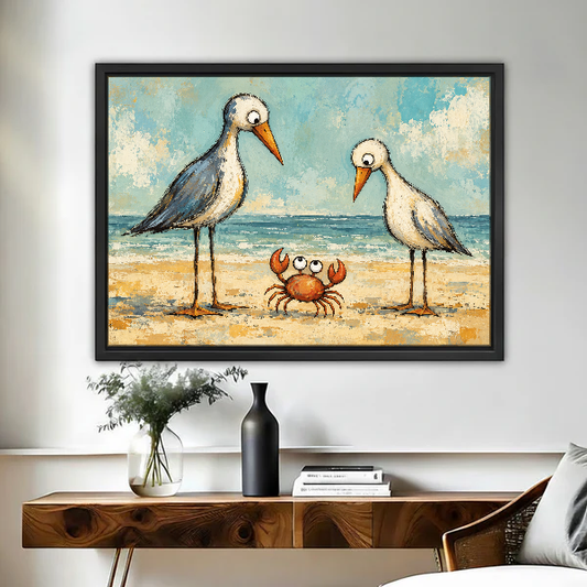 Seabirds And Crab Canvas Wall Art framed above a wood console with vases and flowers.