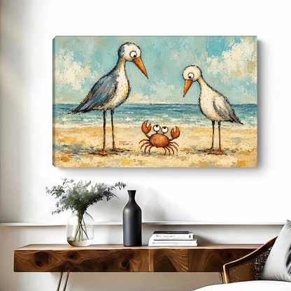 Seabirds And Crab Canvas Wall Art unframed above a wood console with black and white vases.