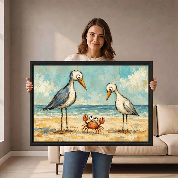 Seabirds And Crab Canvas Wall Art held in a black landscape frame by a standing woman.